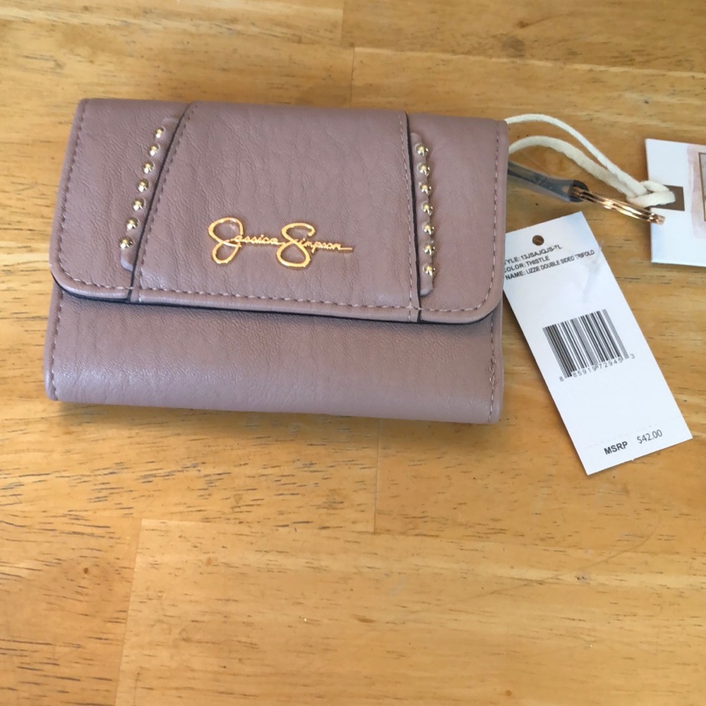 Jessica Simpson Lizzie Faux Leather Double Sided Trifold Wallet Thistle NWT
